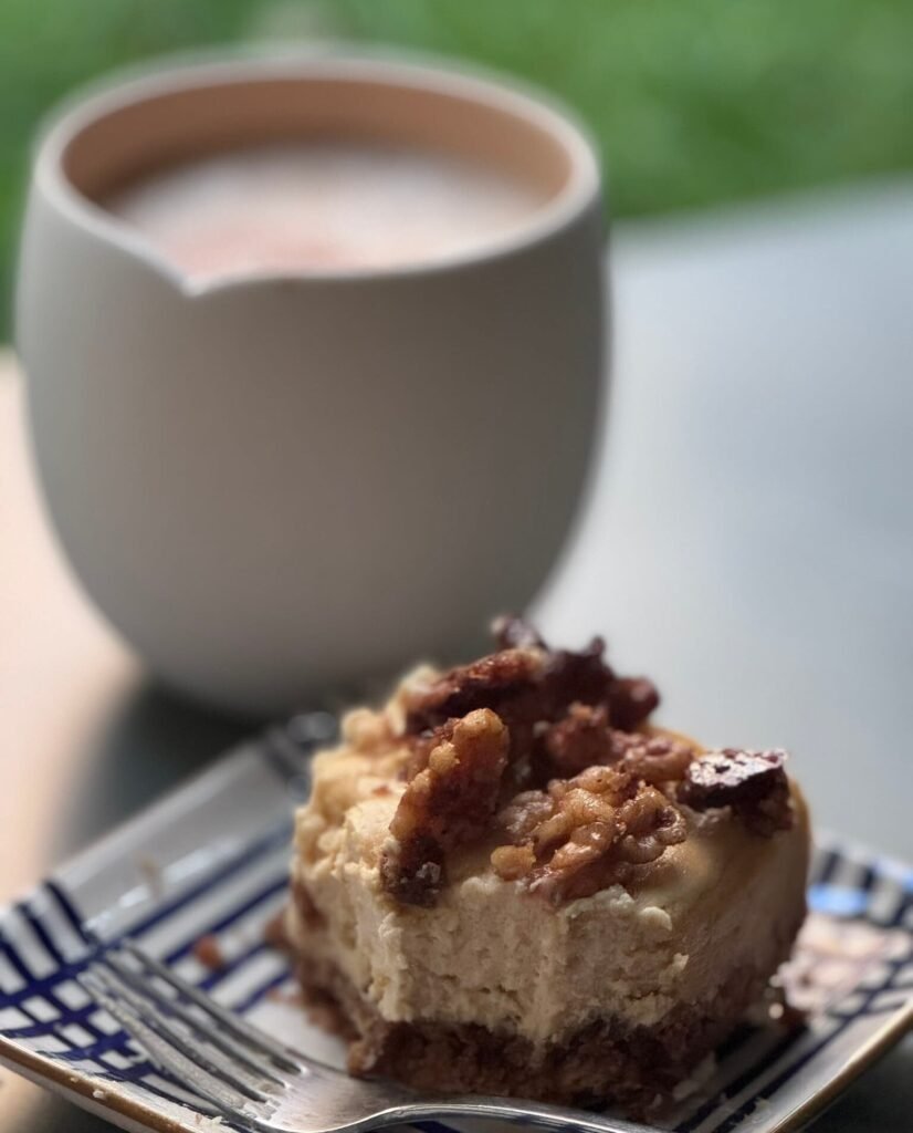 maple glazed cheesecake piece and coffee