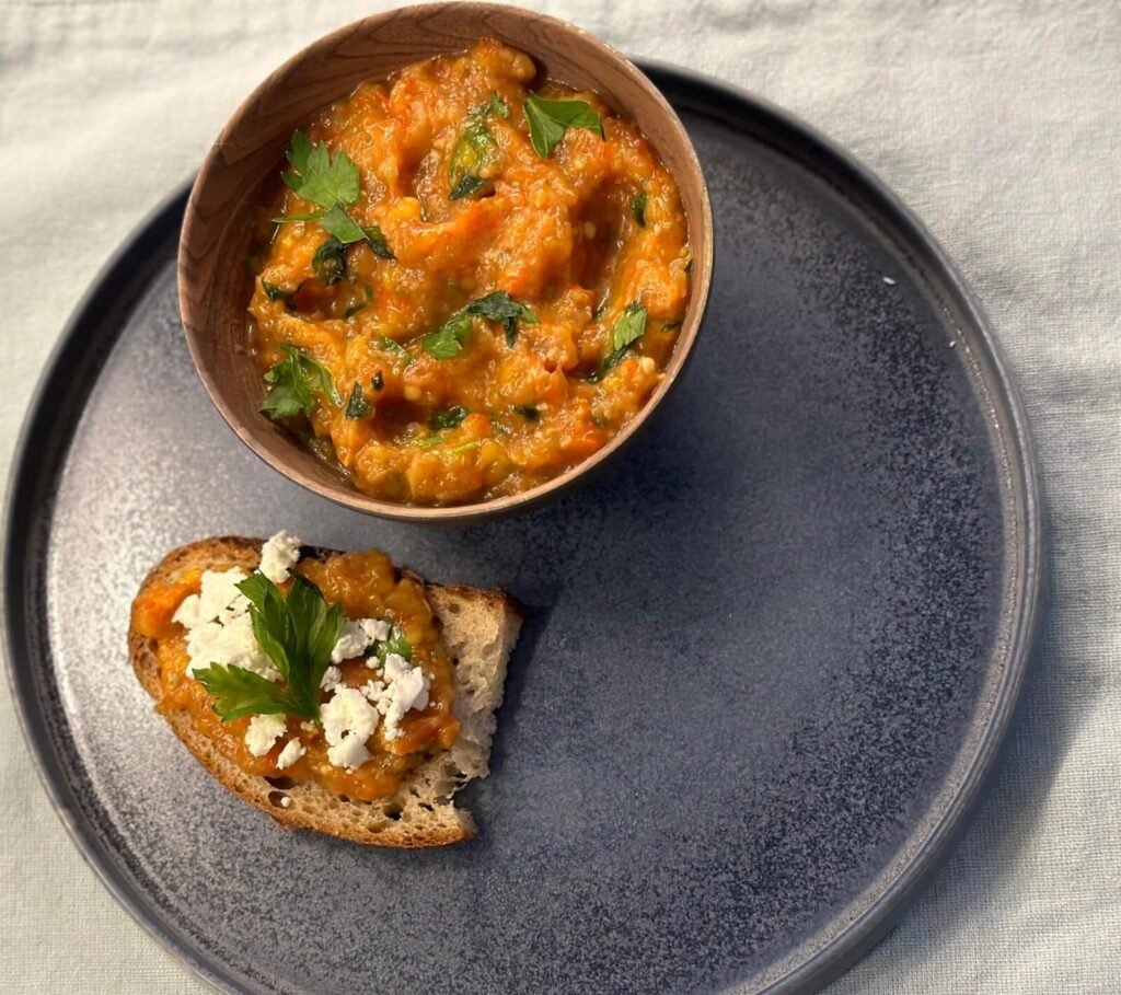 a plate with food on it Roasted eggplant spread