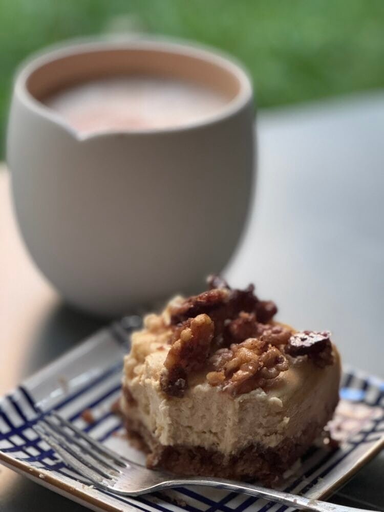 Maple Glazed Cheesecake cheese cake slice and coffee