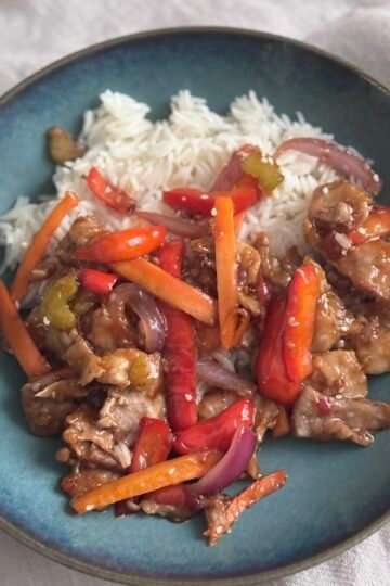sticky pork on a rice