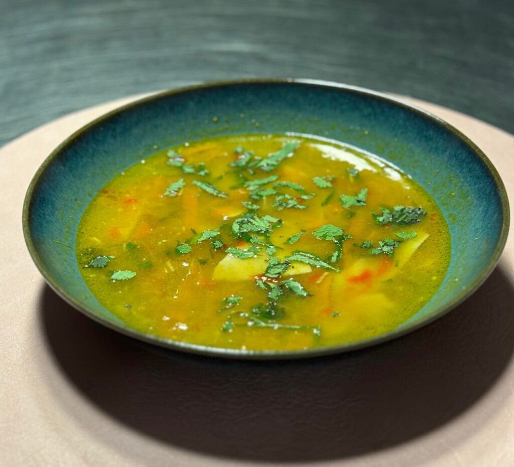 a bowl of soup on a table