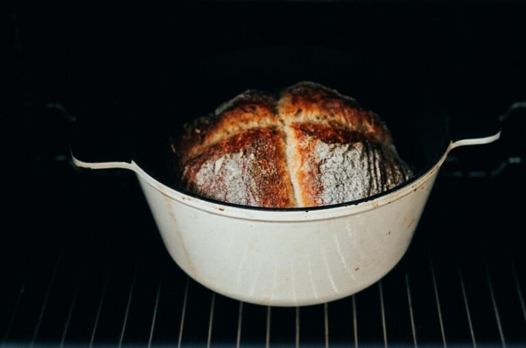 white dutch oven with bread