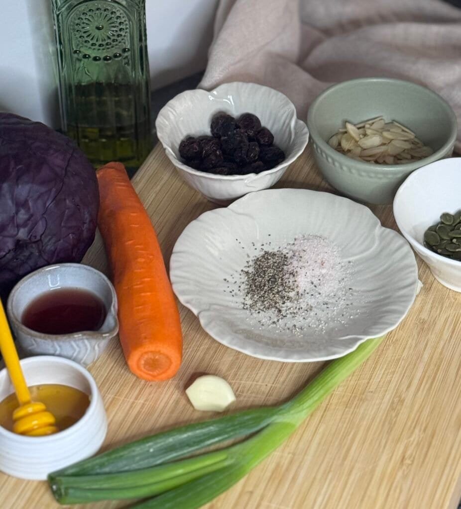 ingredients for red cabbage slaw